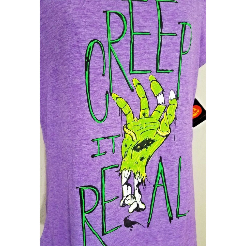 Juniors‎ Purple Tee Shirt CREEP IT REAL Green Zombie Hand Sz M 7/9 Halloween NWT